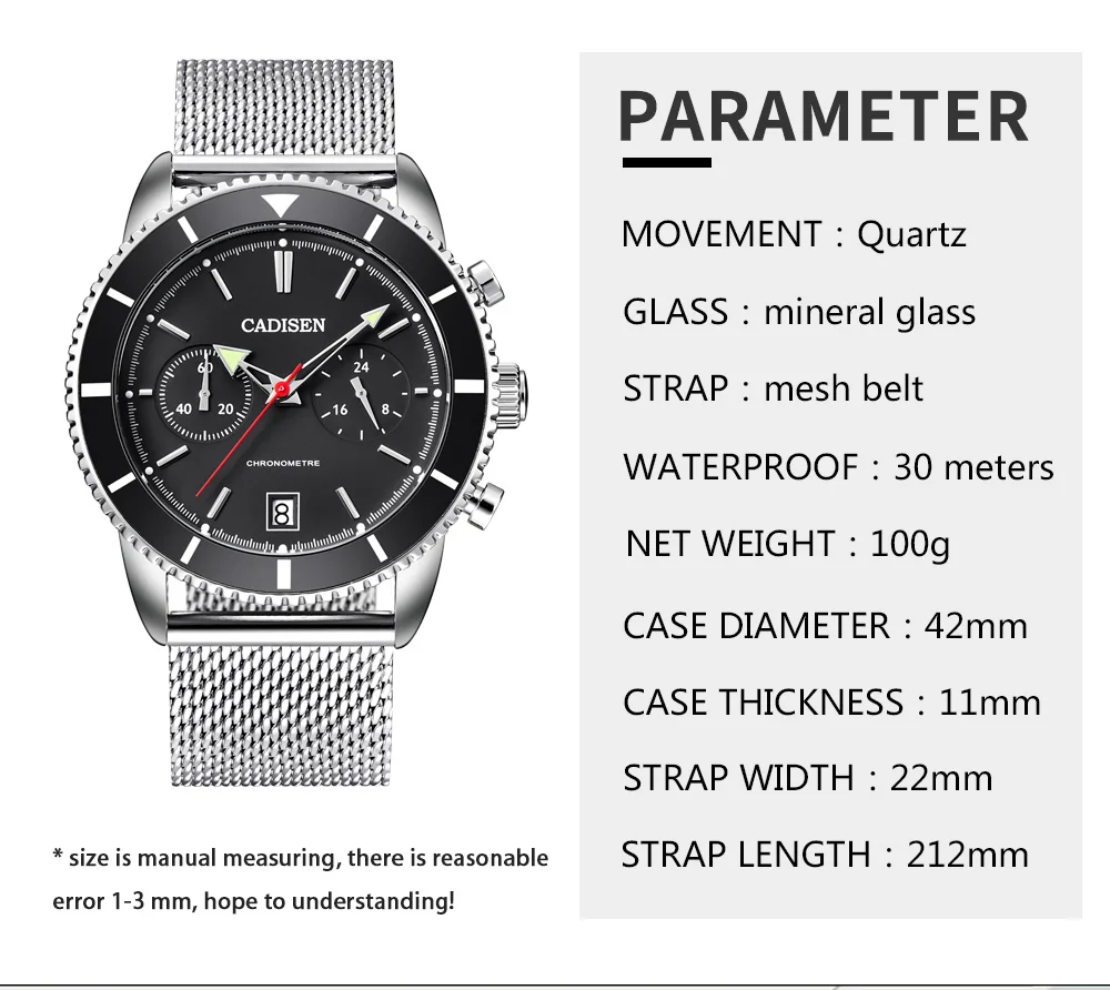 CADISEN Бизнес Спорт хронограф модные часы для мужчин Нержавеющая сталь сетка группа водонепроницаемый люксовый бренд кварцевые часы Прямая поставка