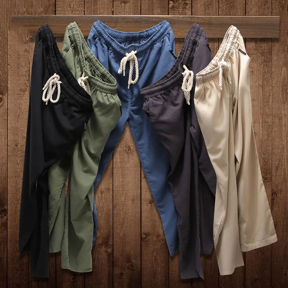 Wide Leg Pants Mens Leisure Linen Pants Male Linen Trousers Paragraph Summer Breathable Fresh Loose Man's Causal Straight Pants