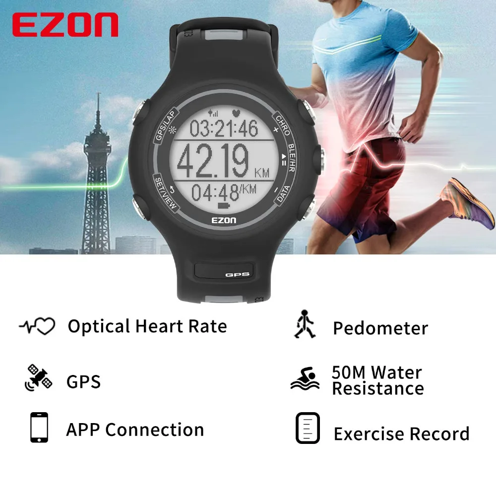 EZON T907 мужские уличные спортивные gps Цифровые часы с монитором сердечного ритма хронограф водонепроницаемые Bluetooth умные часы