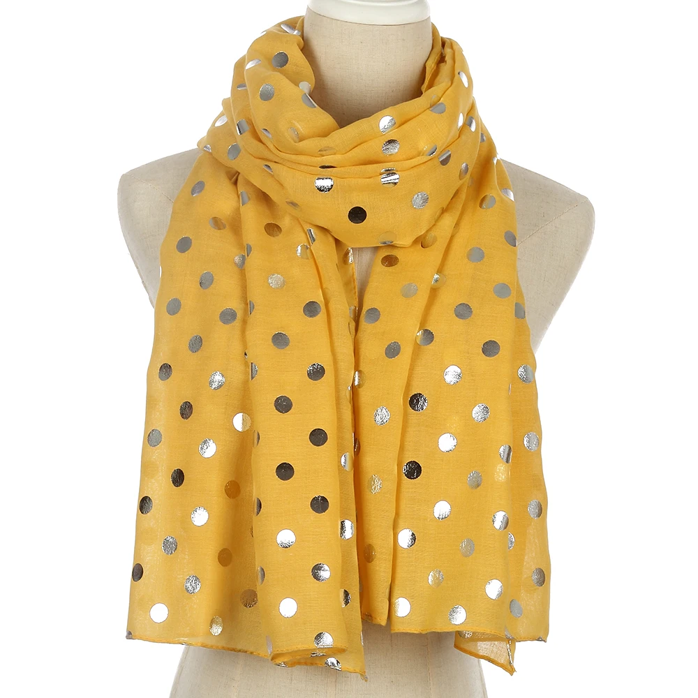 Winfox Мода г. желтый горошек шифоновый шарф для девочек для женщин блестящие фольга Серебряная петля круглый платок дам