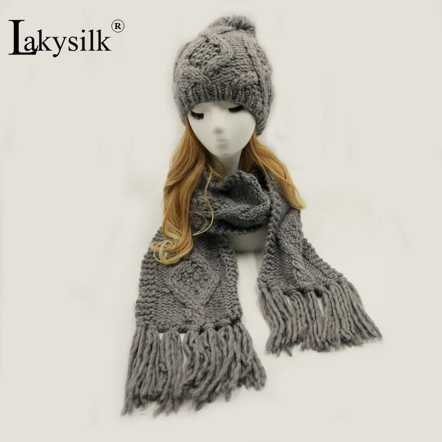 

[Lakysilk]Hand Made Winter Scarf With Hat Set Women Ladies Crochet Skullies&Beanies Girls Knitted Tassel Solid Long Scarf Hijabs