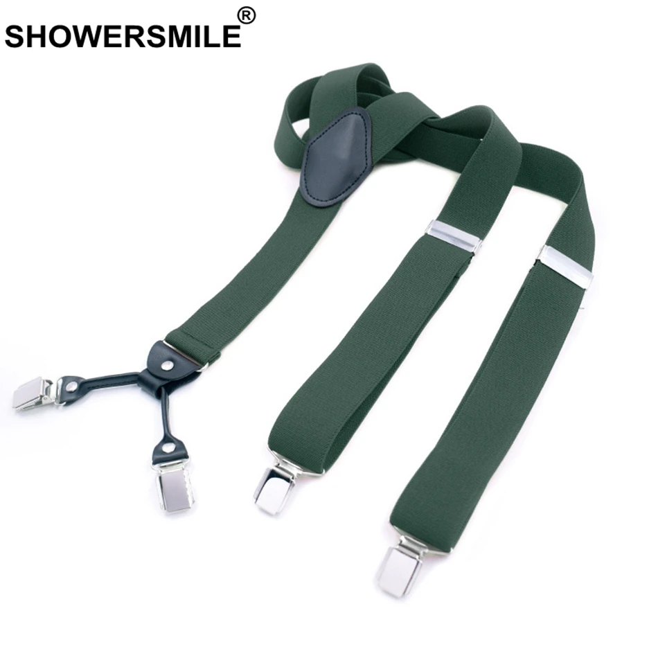 

SHOWERSMILE Green Suspenders Men Clips 4 Vintage Pants Strap Y Back Retro Elastic Candy Color Solid Mens Suspenders For Trousers