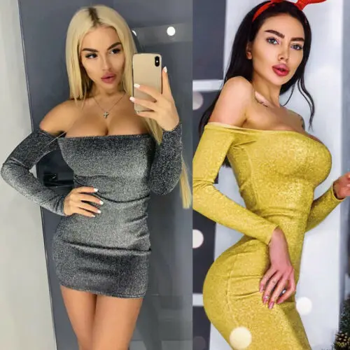 Women Summer Off Shoulder Yellow Silver Mini Sequined Dress Beach Dress Solid Color Long Sleeve Women's Clothing Dresses