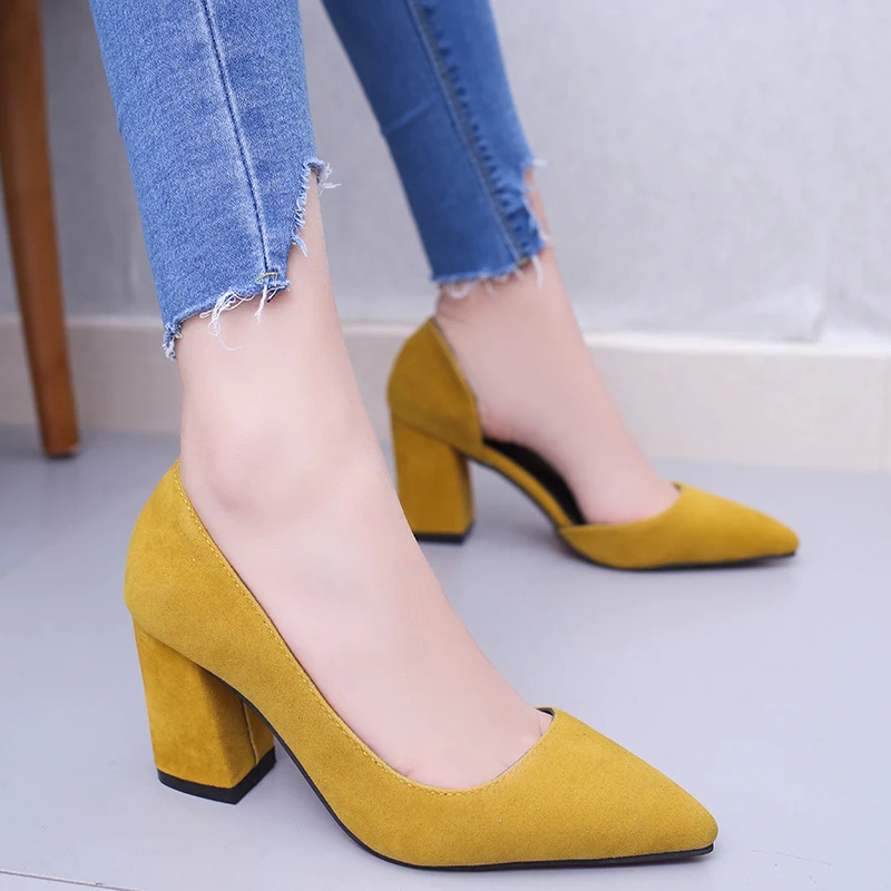 

Spring Summer Formal Pumps Pointed Toe Square Heel High Heel Velvet Shallow Mouth Sandals 8 CM Heel