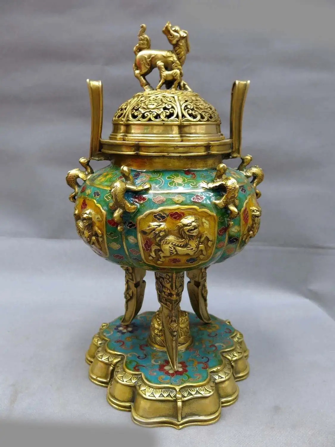13&quot China bronze gild Cloisonne censer Foo Dog Lion dragon incense burner Statue 32cm | Дом и сад