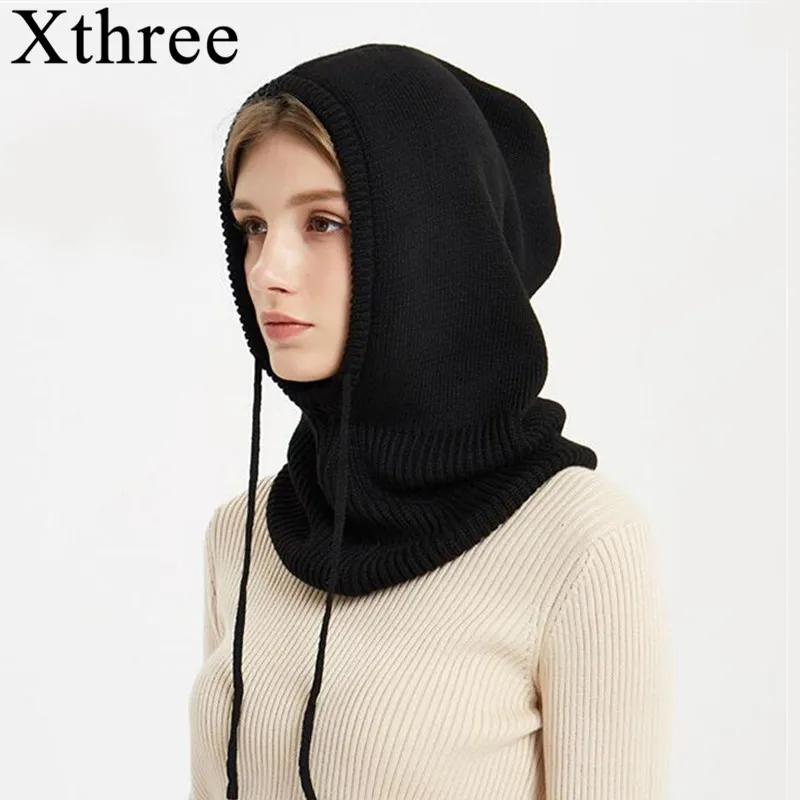 Online Xthree Cashmere Winter Knitted Hat Beanie mujer bufanda Skullies Beanies invierno sombreros para hombres y mujeres gorra máscara gorro sólido marca sombrero