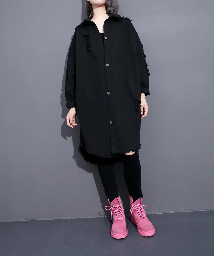 Femmes Automne Jean Manteau Punk Dy117 Noir Denim Outwear 2018 Printemps Ulzzang Usage Rock Vêtements Tranchée Déchiré Externe 0Pwk8nOX