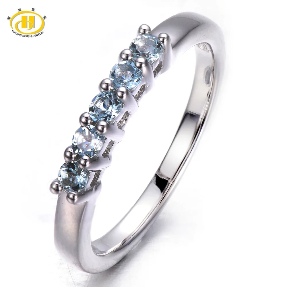 

Hutang Five Stone Natural Aquamarine Solid 925 Sterling Silver Band Tail Ring Engagement Bridal Women's wedding Fine Jewelry