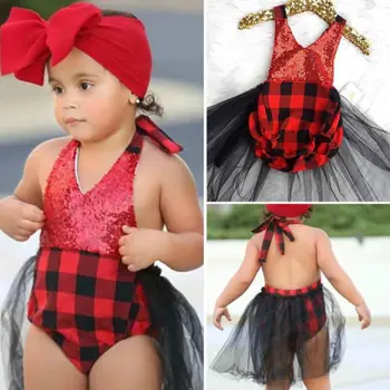 

2018 Summer New Newborn Red Striped Romper Dress Baby Girls Halter Sequins Romper One-Pieces Backless Jumpsuit Clothes Outfit