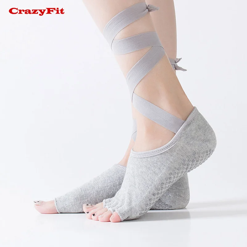 CrazyFit спортивные носки для йоги женские поперечные ремни 5 с открытым носком Нескользящие противоскользящие спортивные дышащие носки для йоги с пятью пальцами - Цвет: Light Gray
