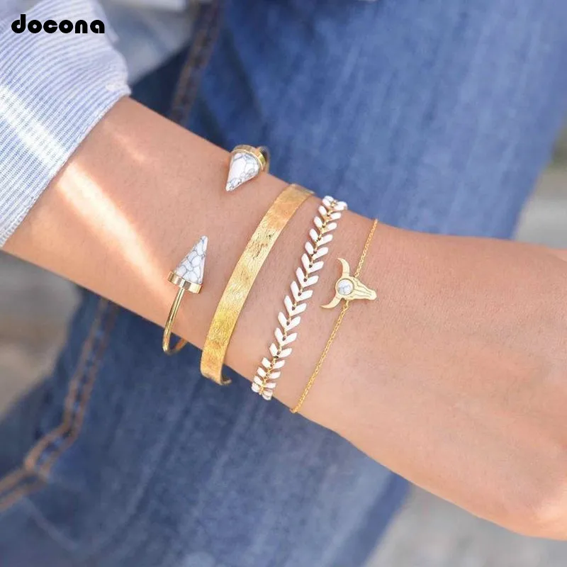 

docona Trendy Bull head Leaf White Cone Shape Rhinestone Multi Layer Bracelet Bangle Set for Women Adjustable Bracelet Set 7094