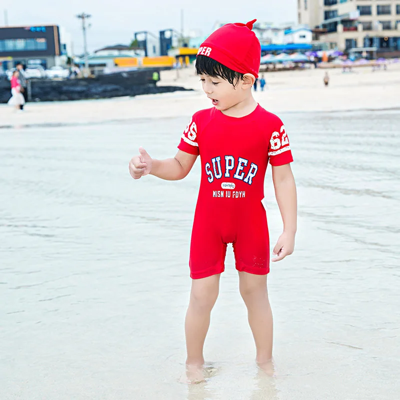 Summer Letter Printed Striped Boys Swimsuit Children Sets With Hat For 75-125cm