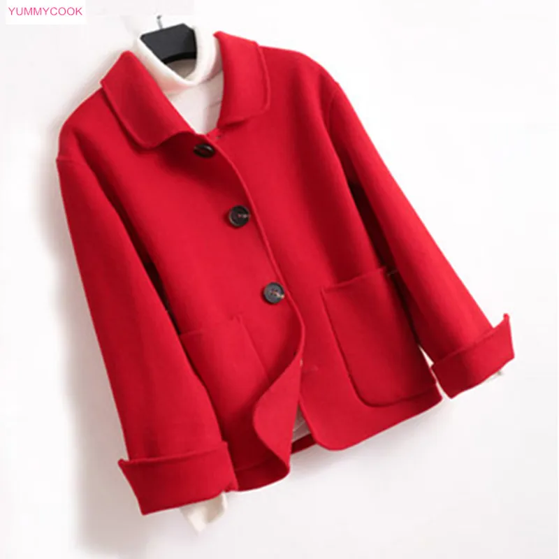 

Autumn 2019 new high quality Double sided 100% wool coat Womne Short wool jacket fashion red loose wool coat outerwear 598