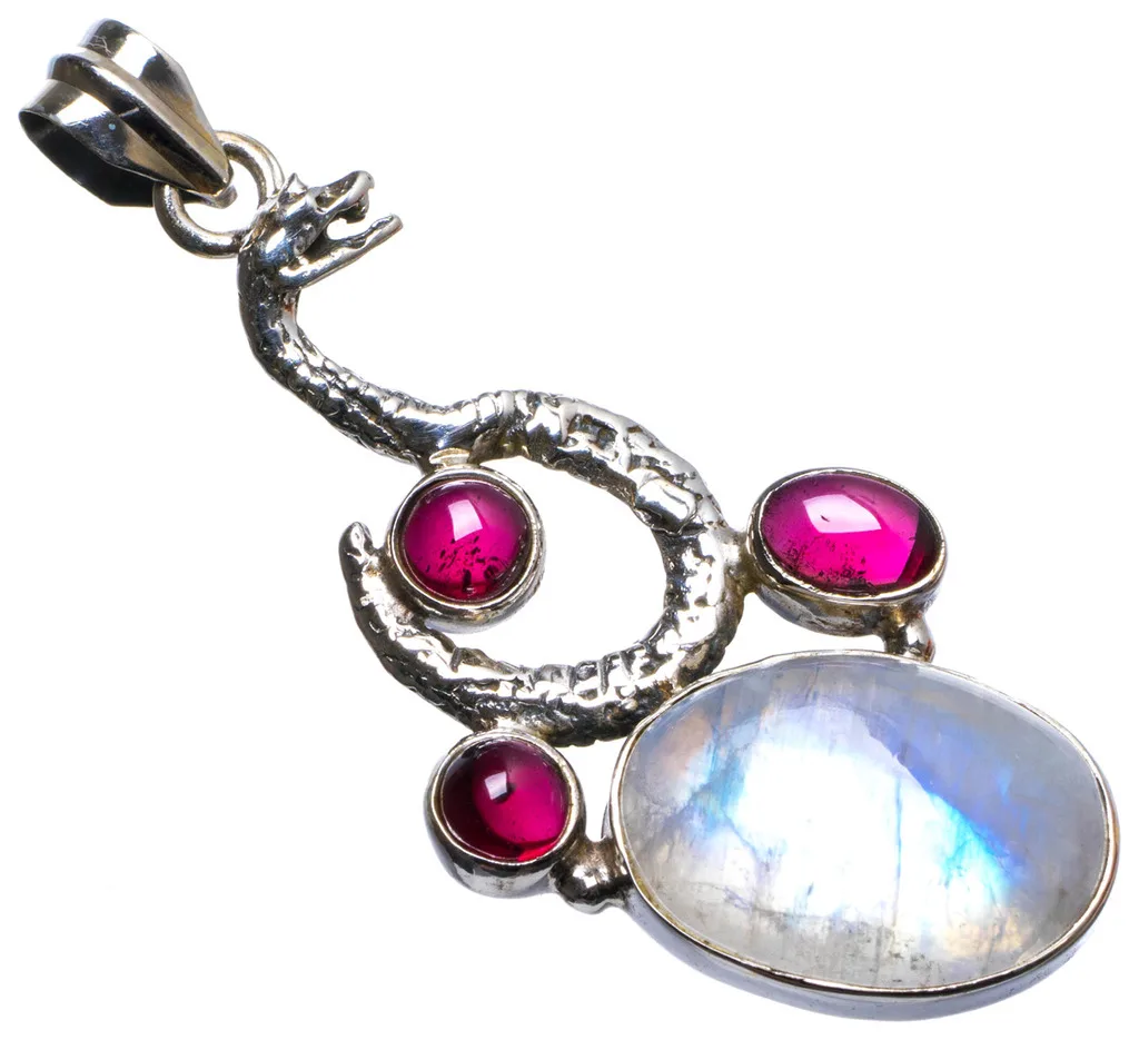 

Natural Rainbow Moonstone and Amethyst Handmade Unique 925 Sterling Silver Pendant 2" X1338