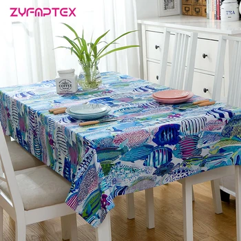 

ZYFMPTEX Thicken 100 Cotton Canvas Dining Table Desk Cover Coffee Tablecloths With Cartoon Colorful Tropical Fish Ocean Pattern