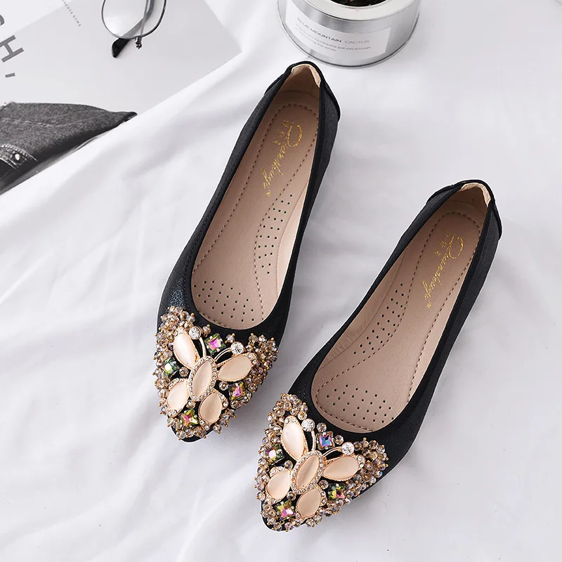 

Woman Flat Shoes Elegant Comfortable Lady Fashion Shallow mouth Beading Rhinestone metal Pointed Toe Women Soft Shoes