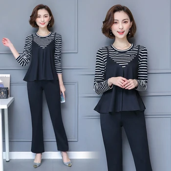 

2017 fall new fashion stripe flared trousers two-piece clothing set women blouse top pants office lady outfit plus size M-5XL