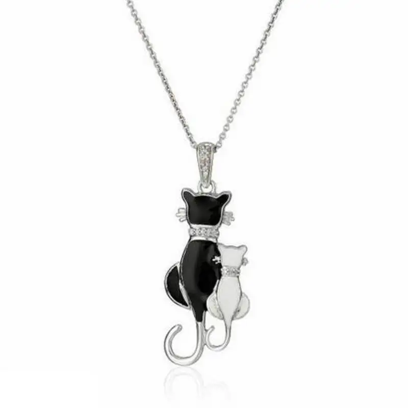 

Fashion Lovely Black With White Cats Pendants Crystal Necklace Silver Long Chain Women Necklace Jewelry