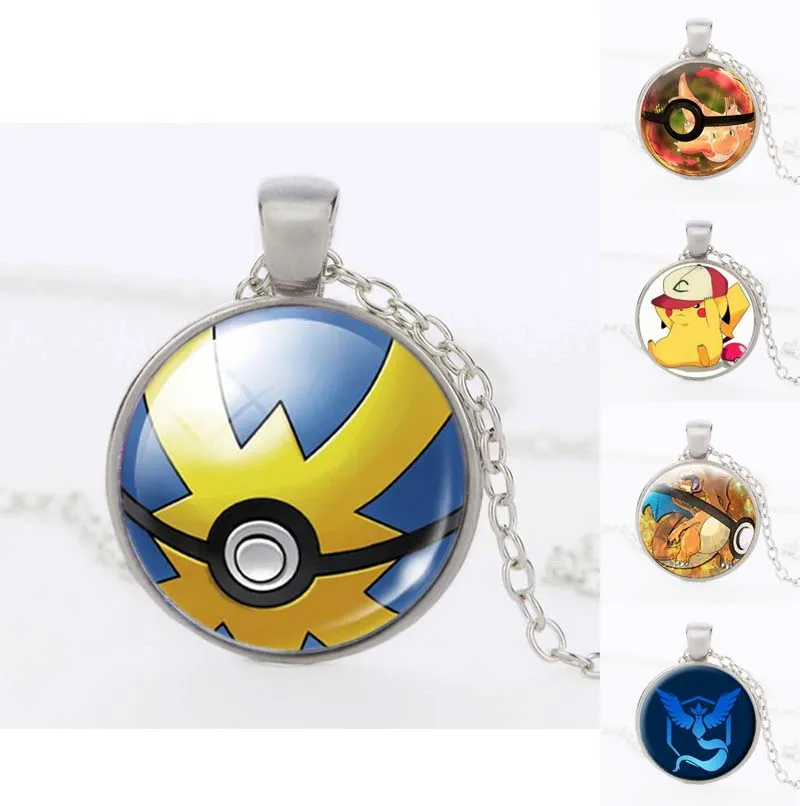 

New Brand Silver Plated Jewelry with Pokemon Ball Pattern Glass Cabochon Choker Pendant Necklace for Women Wedding Gift