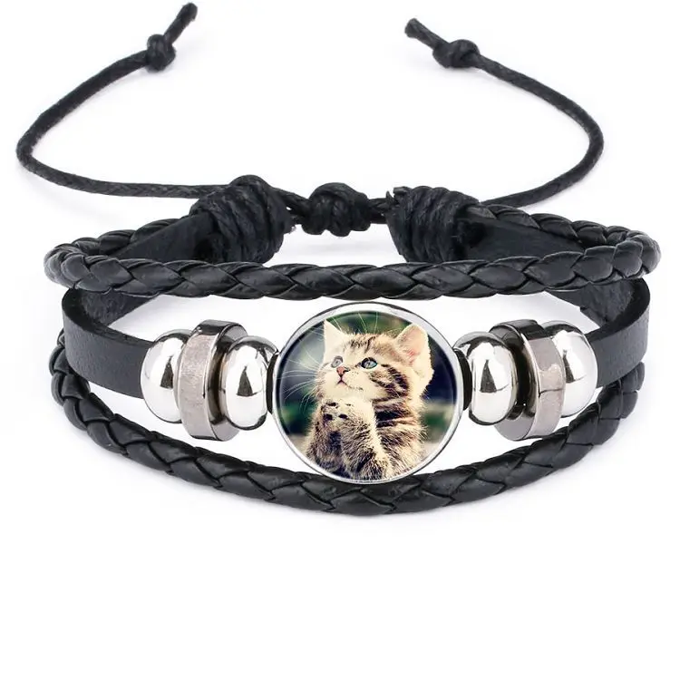 Harajuku Style Cat Jewelry with Glass Cabochon Cheshire Cat Pattern Bracelet Genuine Leather Multilayer Beaded Bracelet Bangle - Окраска металла: WS0427