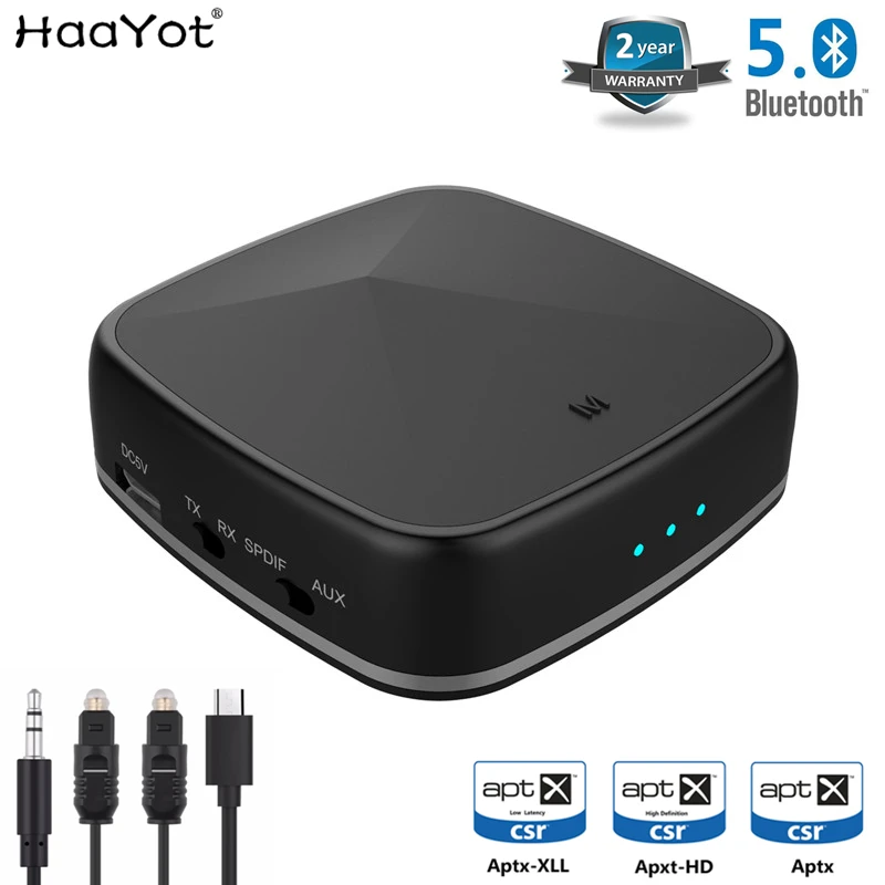 

HAAYOT Aptx HD Bluetooth Receiver Transmitter Wireless 3.5mm Aux RCA Optical SPDIF Audio Adapter CSR8675 Low Latency for TV Car