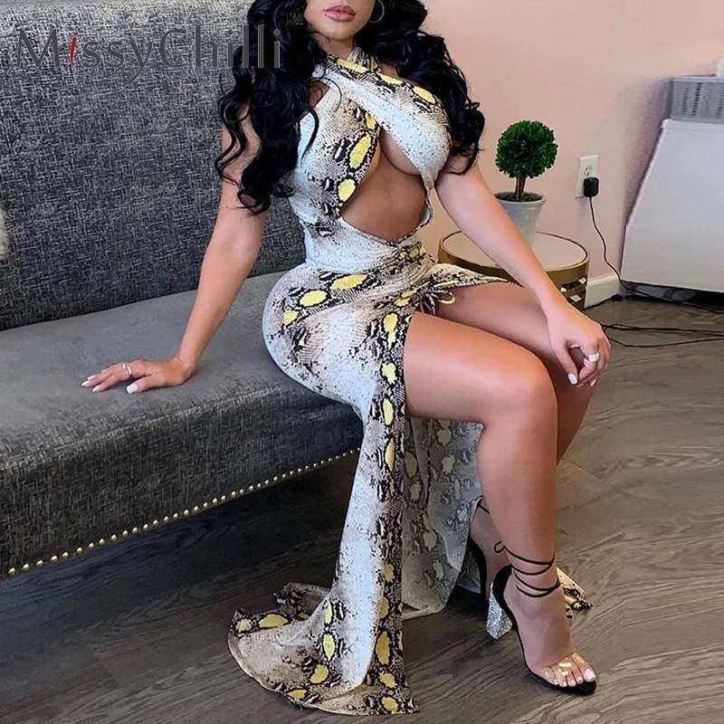

MissyChilli Sexy snake printed hollow out dress Women summer bodycon elegant maxi dress Party club sleeveless PLUS SIZE dresses