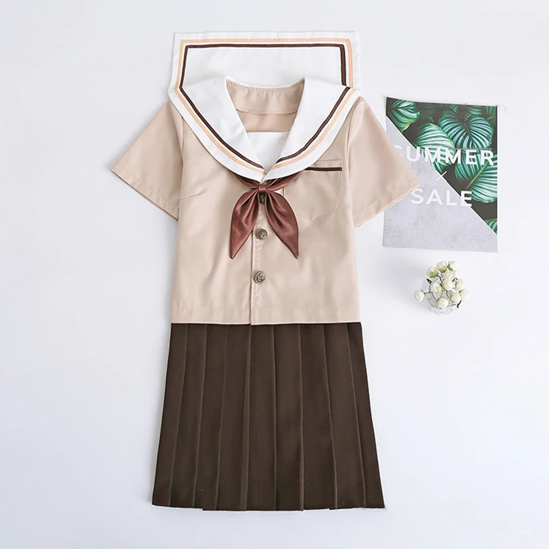 New Arrival Sailor School Uniform Sets JK School Uniforms For Girls Khaki Shirt And Brown Skirt Suits Student Cosplay S-2XL