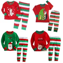 Hooyi мальчиков Рождественская пижама хлопок дети красный Санта Футболка зеленый красный, белый брюки с полосками для девочек пижамы с деревом одежда