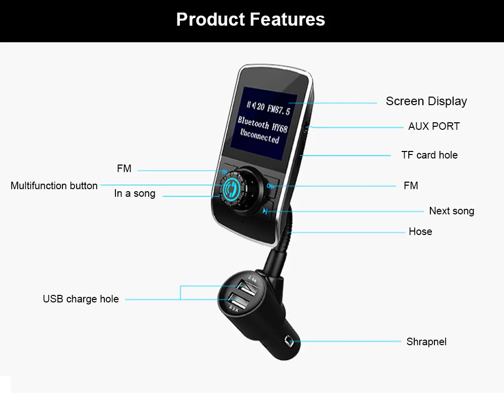 Bluetooth-передатчик, автомобильное зарядное устройство, fm-передатчик, Bluetooth, беспроводной автомобильный комплект, поддержка USB Flash, TF карты, Aux, Mp3 Play