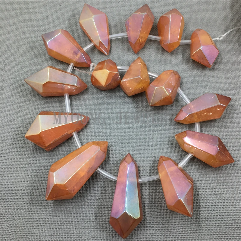 MY1074  Smooth Crystal Quartz Titanium Orange Spike Beads,Polished Nugget Point Quartz Hole Beads  (2)