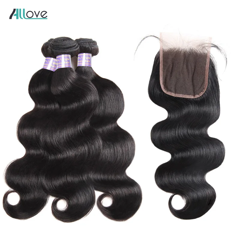 Allove перуанские волосы пучки волнистых волос с закрытием 4x4 часть человеческие волосы с 3 пучками не Реми волосы для наращивания