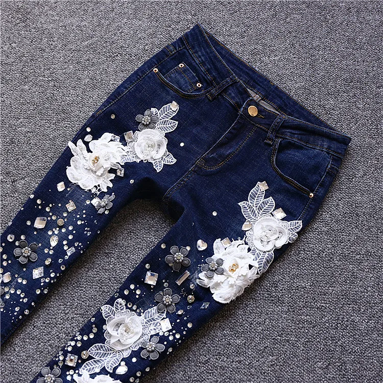 Jeans Pantaloni Modo Dei Jean Blu Denim 3d Del Donne Nono Skinny 2018 Marca Fiore Bianco Strappati Femme Ricamo Donna Di SUVpzMq