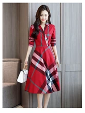 Fashion Slim-Fit Plaid Dress Long Section Spring And Autumn New Style Women Waist Temperament Retro Dress Tide free retro cut out plaid fit and flare dress