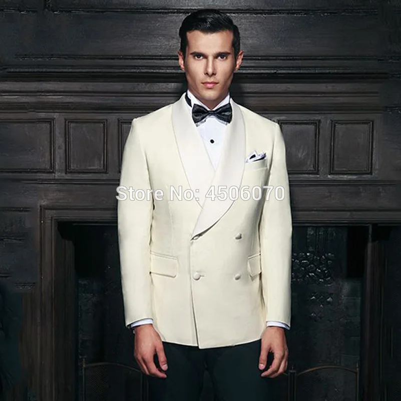 

Ivory Men Wedding Suits Slim Fit Tuxedos Groom Wear Double Breasted Bridegroom Suits Shawl Lapel Costume Homme 2Pcs Jacket Pants