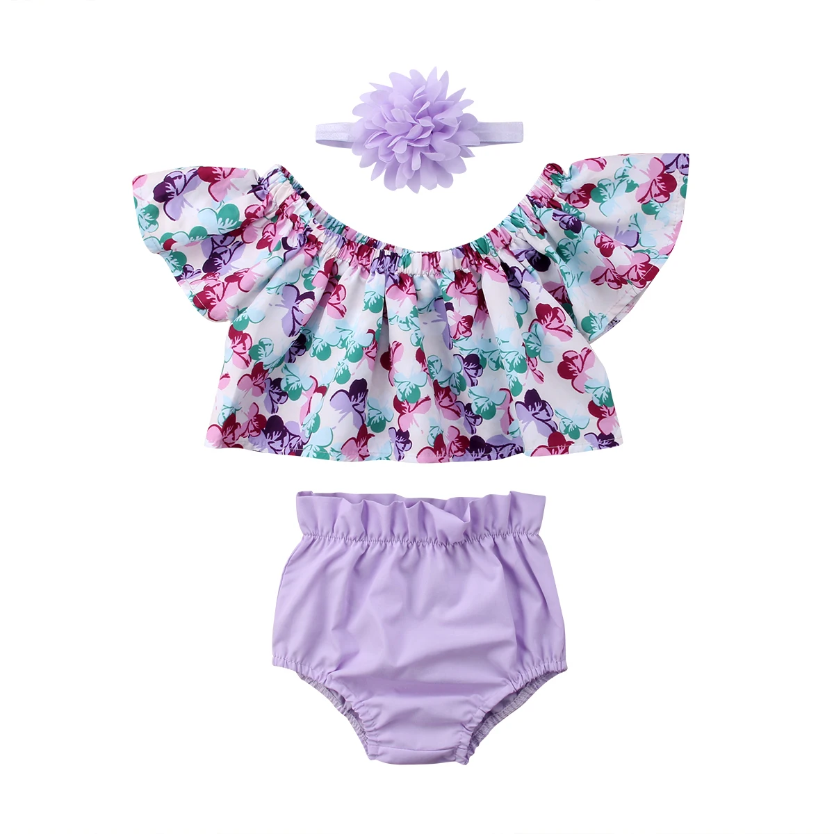 

Newborn Baby Girls Summer Purple Off Shoulder Tops Short Pants Headband Outfits Set