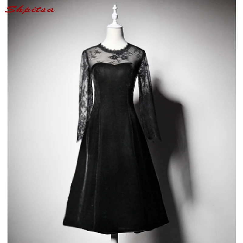 Short prom dresses with lace sleeves V neck belt plain outerwear