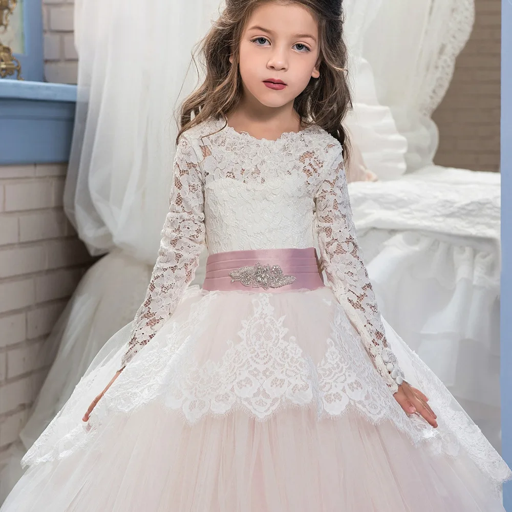 Новинка года; нарядное платье с цветочным узором для маленьких девочек детские розовые сетчатые Бальные платья с длинными рукавами и бабочками; Детские платья для причастия От 1 до 14 лет