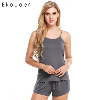 

Ekouaer Summer Sleeveless Solid Slim Sleepwear Women O-Neck Nightwear Satin Edging Pajamas Set Slim Satin Edging Nightwear