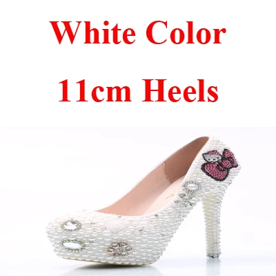 Свадебные туфли с белыми жемчужинами ручной работы; розовые свадебные туфли со стразами; свадебные туфли-лодочки; женские туфли на каблуке 5 см 8 см и 11 см - Цвет: White 11cm Heels
