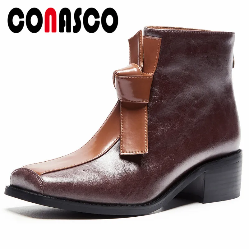 

CONASCO Retro Women High Heels Ankle Boots Genuine Leather Zipper Bowtie Party Dancing Shoes Woman Sexy Square Toe Basic Pumps