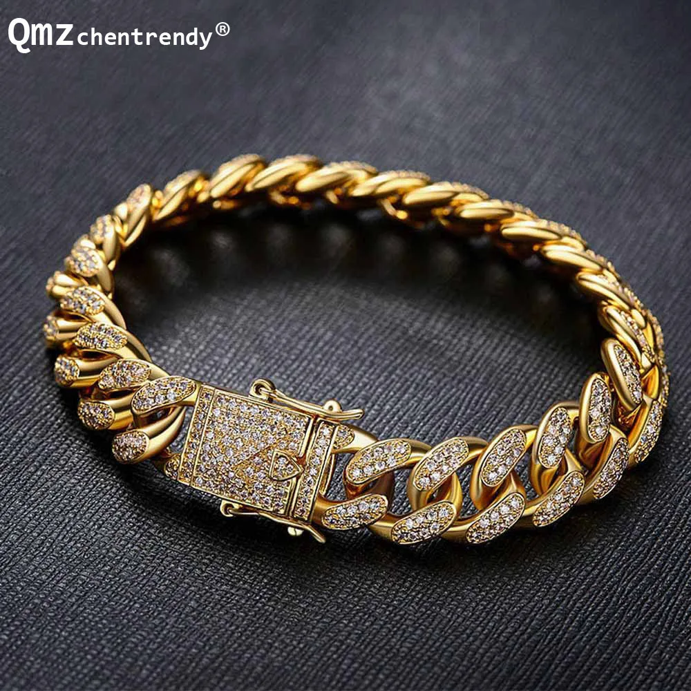 

Drop Shipping Top Quality Punk Women Mens Curb Cuban Link Bracelets Copper Lab Bling Iced Out Full CZ Clasp Chain Bangles