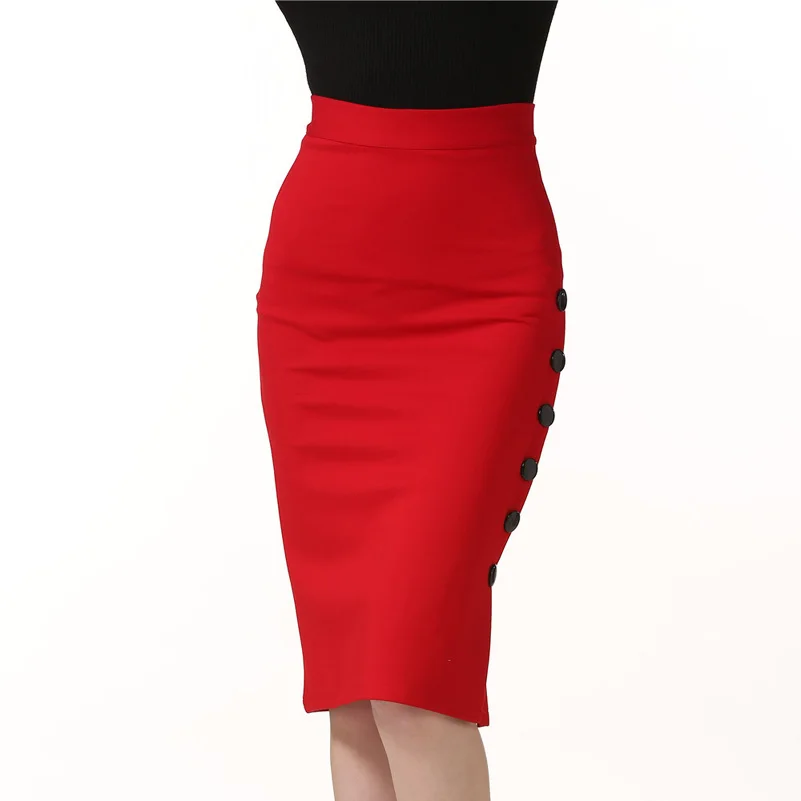 QIUXUAN, женские юбки-карандаш размера плюс 5XL, летняя, осенняя, сексуальная, посылка, юбка в бедрах, с боковой пуговицей, OL, юбки с высокой талией - Цвет: Red