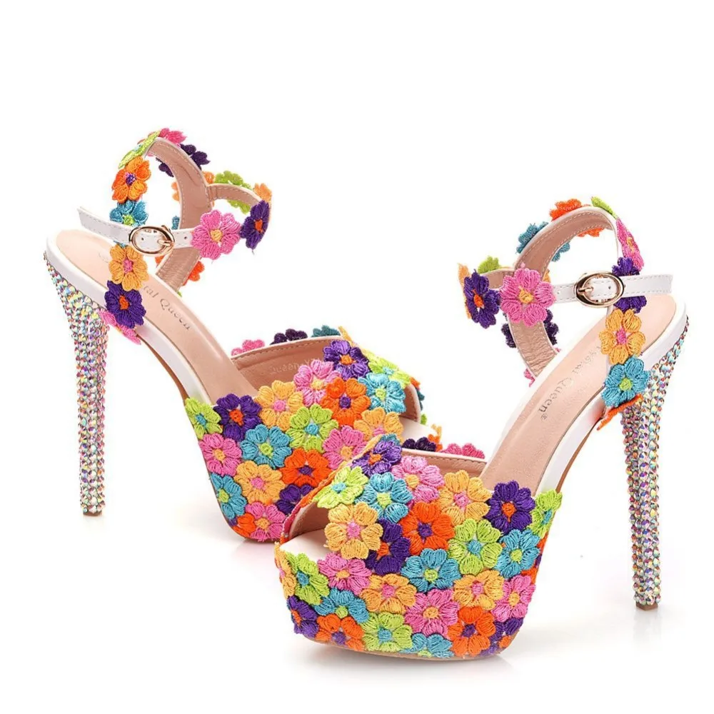 Новинка года; женские летние сандалии-гладиаторы с разноцветными цветами; женские туфли-лодочки на высоком каблуке 14 см; милые женские свадебные туфли на платформе