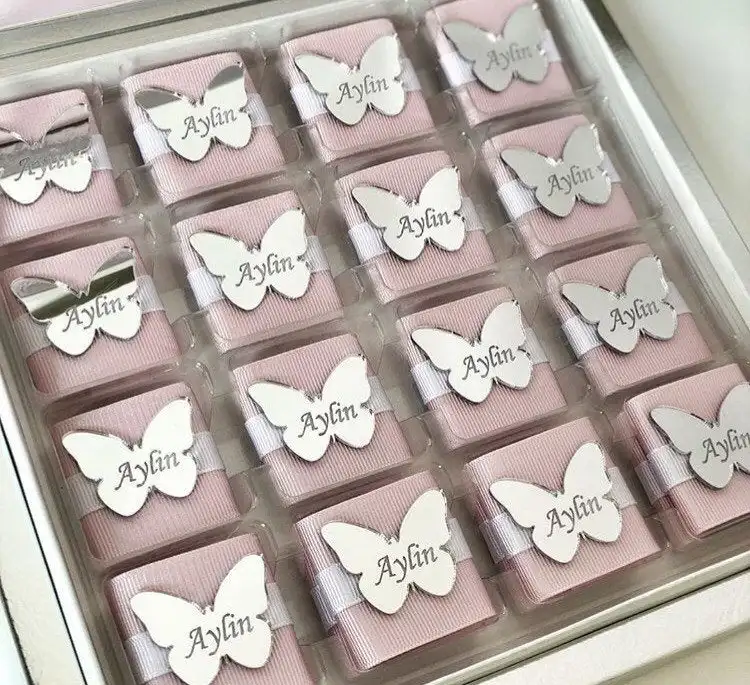 50 шт. сувениры для шоколада Butterfly, для детской душа на заказ золотые акриловые зеркальные бирки, персонализированные акриловые бирки