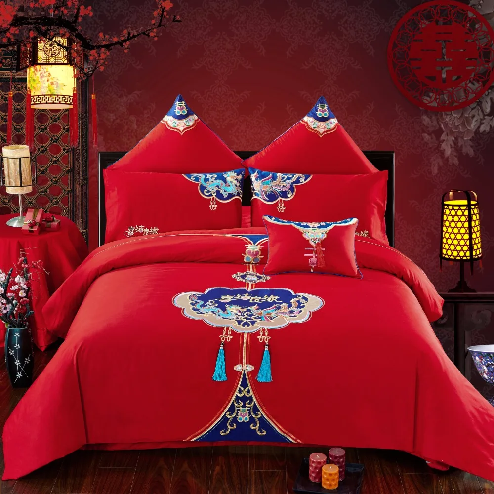 

4/7Pcs 100%Cotton Luxury Chinese wedding Bedding Set Embroidery Bed Set King Queen Bed Linens Duvet Cover Bed spread