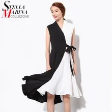 2016 Summer Women Sexy font b Dress b font V Neck Sleeveless Belt Patchwork Chiffon Elegant
