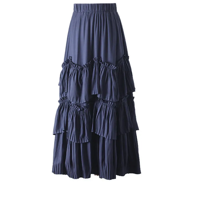 Saia Limited Cotton Empire Solid Straight Skirt Woman Korea Autumn New Slim Sweet Stitching Ruffled High Waist Skirt - Цвет: Синий