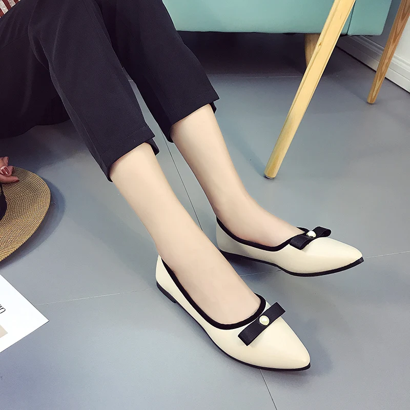 Unique Bout Chaussures Automne Asakuchi noir Glissement Cuir rose forme Appartements En Printemps Sur Pointu Plate Perle 2018 Mocassins Beige Femmes Plates O6q4t5xw