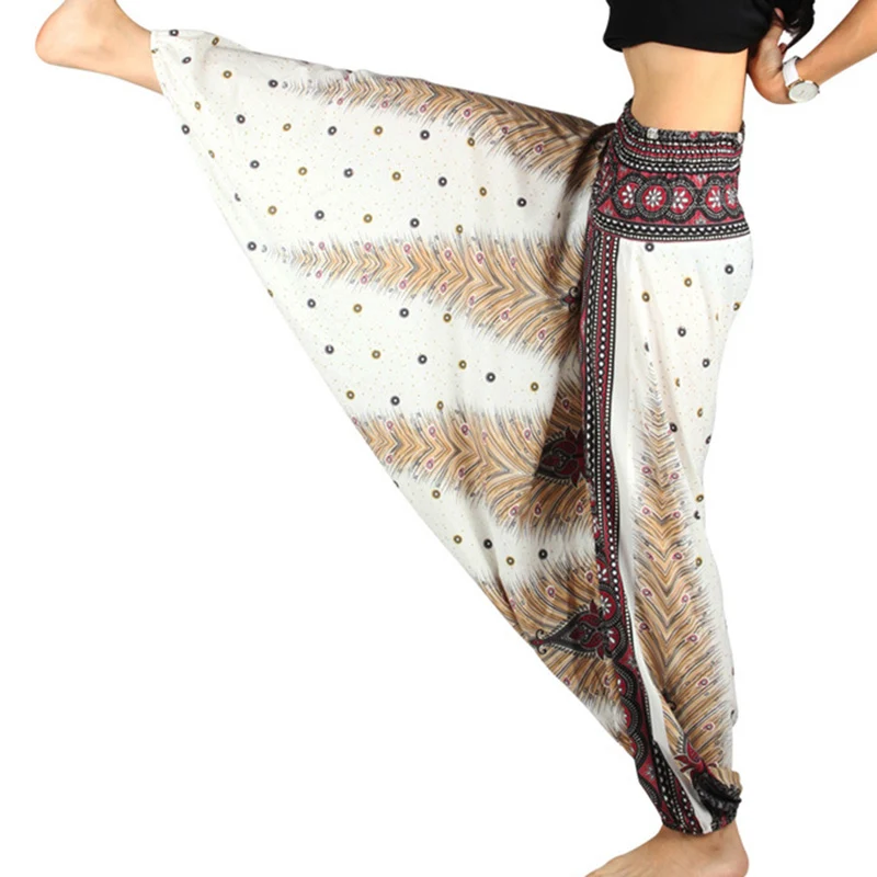 One Size Women Thai Indian Harem Trousers Comfy Boho Pants Long Beach Summer Pants Casual Loose Low Cut Floral Trousers