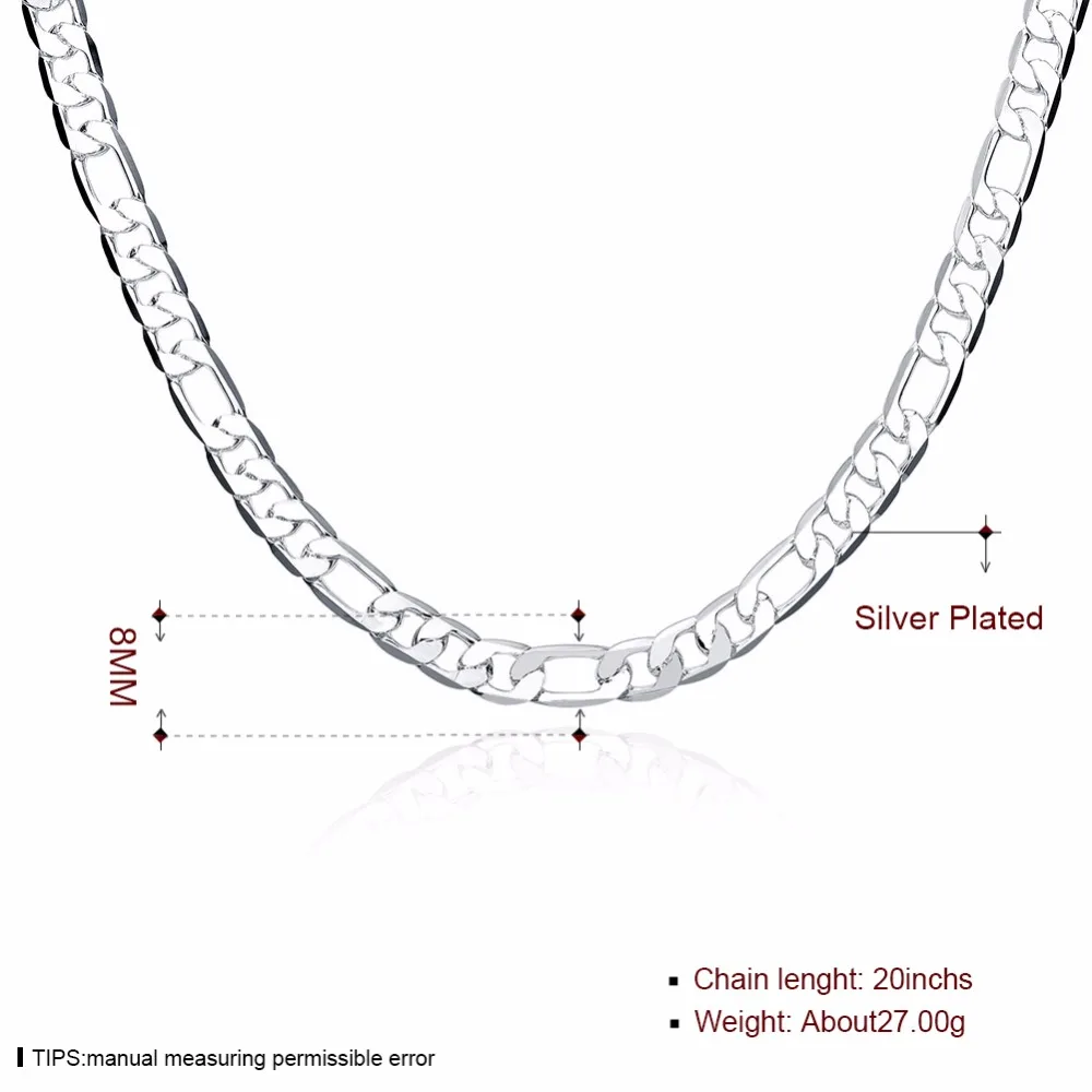 50 см Стерлинговое серебро 8 мм тонкая цепочка Фигаро Ожерелье для женщин Девушка Италия 925 ювелирные изделия Коле collane collier ketting sieraden